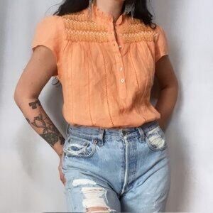 Faherty -1960s Style - SMOCKED PEACH ORANGE PINK PEASANT TOP BLOUSE